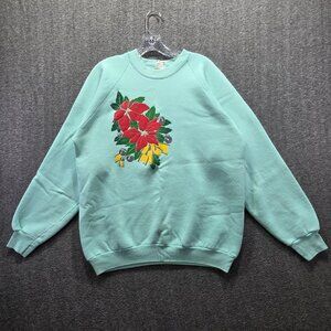 Vintage Fruit Of The Loom Sweatshirt Unisex XL Green Poinsettia Christmas 90s